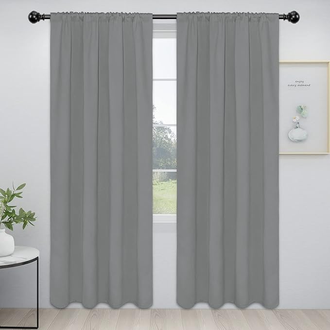 Easy-Going Rod Pocket Blackout Curtains for Bedroom, Room Darkening Window Curtains for Living Room, Thermal Insulated Noise Reduction Solid Window Drapes, 2 Panels(42x84 in, Light Gray)