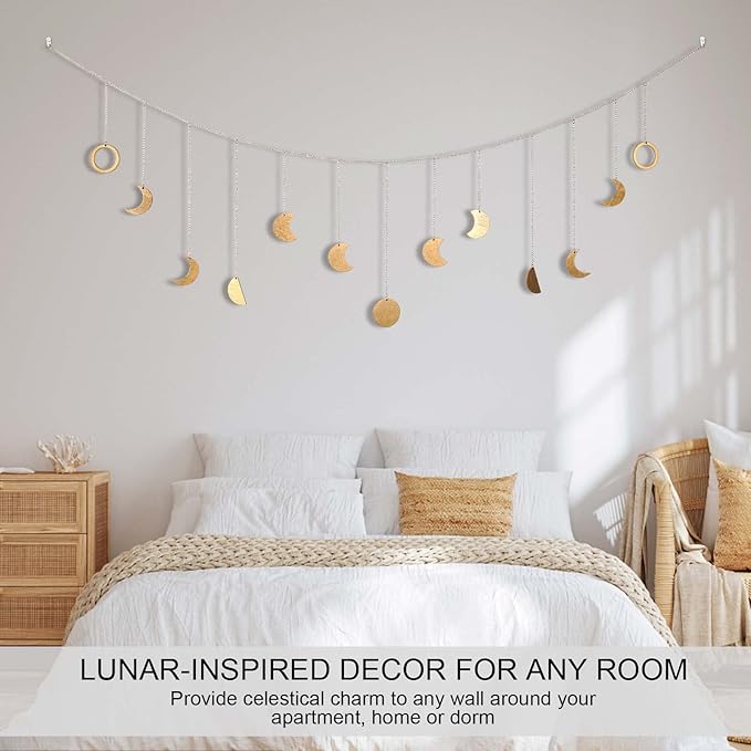 Moon Phase Wall Decor with LED String Light, 13 Gold Wood Boho Wall Hanging Decor Mood Garland 56'' - Celestial Phases Moon Decoration in Bohemian Style for Bedroom Living Room Thanksgiving Day Gifts