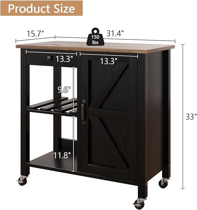 4 EVER WINNER Rolling Kitchen Island Cart with Storage, Bar Cart with Wine Rack and Adjustable Shelves, Small Kitchen Island on Wheels for Kitchen,Black