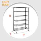 FDW 48" L×18" W×76" H Wire Shelving Unit Metal Shelf with 6 Tier Casters Adjustable Layer Rack Strong Steel for Restaurant Garage Pantry Kitchen Garage,Black