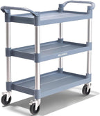 Plastic Utility Carts with Wheels, 3-Tier Medium Size Restaurant Food Cart, Heavy Duty 510lbs Capacity Rolling Service Cart w/Hammer for Commercial, Kitchen, Office (Lockable Wheels, M-Grey)