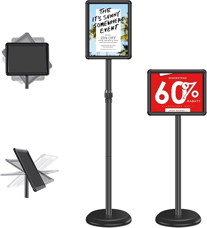 Sign Holder Floor Display Stand: 8.5 x 11 inch Adjustable Standing Signage Stand with Snap Frame for Malls Schools Restaurants (Black, 8.5 x 11" (1 PACK))