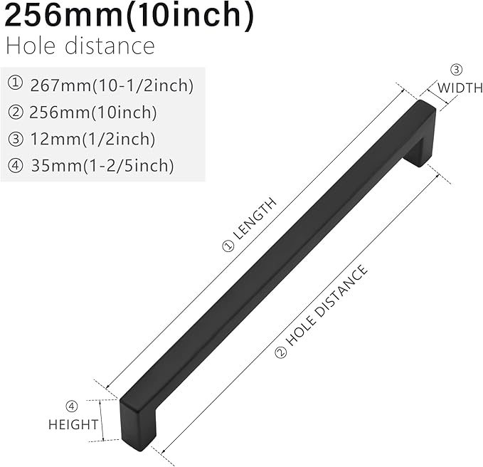 Cabinet Pulls Matte Black Cabinet Handles Square Drawer Pulls, 50 Pack 10 Inch Stainless Steel Kitchen Door Cupboard Cabinet Handles, Drawer Hardware Handles, 256mm Hole Centers
