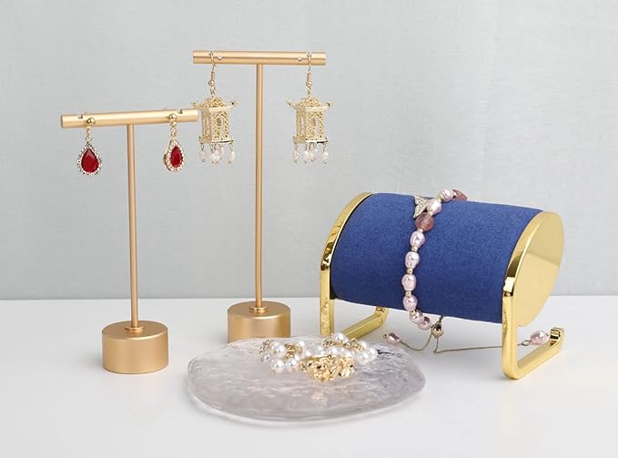 GemeShou Gold Metal Single Pair T Bar Earring Retail Display Stand for show, Tabletop Jewelry Tower Holder for Girl Women【Gold-Round Base Height 5.3"】