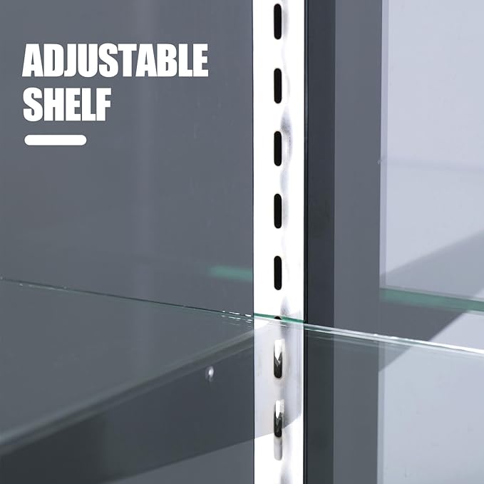 48" W x 22" D x 42" H - Retail Sales Counter with Adjustable Glass Shelves, Tempered Glass, Black Laminated Particle Board, Locking Drawers