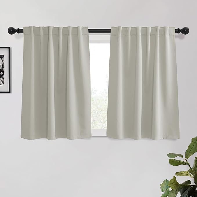 KGORGE Kitchen Curtains 45 inch Length 2 Panels, Privacy Solid Thermal Insulating Energy Saving Light Filtering Curtains for Kids Bedroom Kitchen Office, Back Tab, W34 x L45 inches, Nature