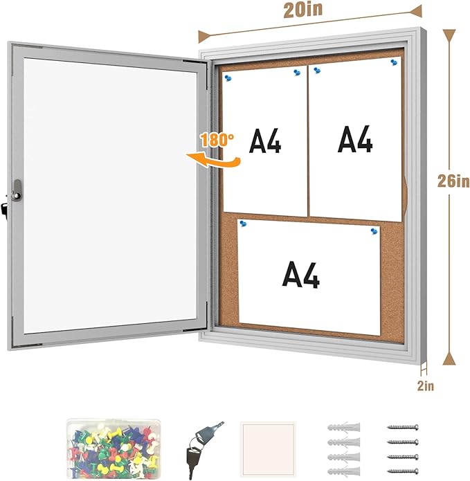 Mifuro 26"x20" Enclosed Bulletin Board, Outdoor Lockable Weather-Resistant Aluminum Cork Noticeboard for School & Office, Silver Frame w/Cork