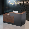L-Shaped Modern Reception Desk with Counter & Storage - 71" Large Office Front Desk, Salon Checkout Counter with Lockable Cabinets, Shelves(Brown & Black, Right - 71''L x 34''W x 41''H)