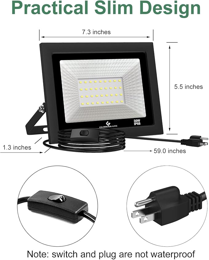 GLORIOUS-LITE LED Flood Lights Outdoor, 50W 5000LM Outside LED Work Light with Plug, 6000K Daylight White, IP66 Waterproof Portable Spot Security Lights for Garage, Yard, Garden, Playground(2 Pack)