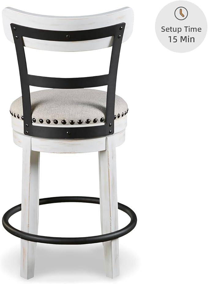 Signature Design by Ashley Valebeck | Modern Swivel 24.5" Counter Height Barstool – Rustic-Industrial Whitewash, Upholstered Cushion, 360° Swivel, Nailhead Trim