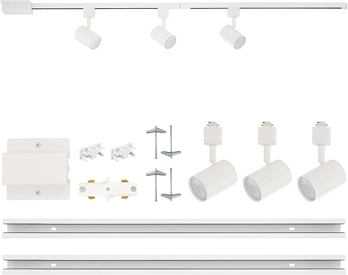 Amped Collection 3-Light 48in Field Cuttable LED Track Lighting Kit with 3 LED 3000K Warm White Track Heads, 4ft Track, End Caps, Floating Feed in White Finish