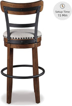 Signature Design by Ashley Valebeck | 30″ Farmhouse Pub-Height Swivel Barstool With Back – Upholstered Cushion, Nailhead Trim, Metal & Wood Frame, Brown