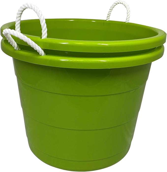 HOMZ 2-Pack Utility Tub, Large Plastic Storage Bucket with Rope Handles, 17 Gallon, Green - Portable Indoor and Outdoor Buckets for Kitchen, Laundry, Garden, Bathroom, and Garage Organization