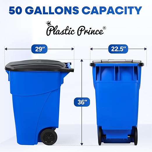 50 Gallon Trash Can, Blue Outdoor Garbage Can, Wheeled Outside Recycling Bin, Outdoor Trash Can with Lid and Wheels, Large Rolling Waste Container for Home, Office, Garage