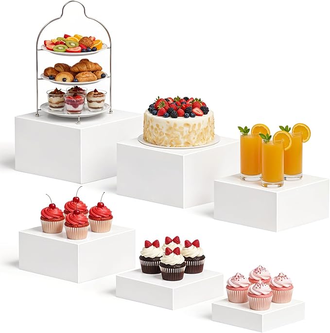 6PCS Buffet risers Acrylic Cubes for Display Food risers for Buffet Table White Dessert Table displays Set Cube Boxes Display Nesting Riser Stands Cupcake Stands for decor5/6/6.8/7/7.5/8IN