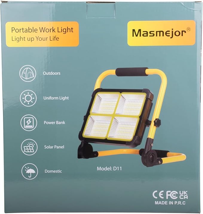 Solar Work Light Rechargeable Spotlight with Stand, MASMEJOR Rechargeable Worklight 12000mAh/ 10000LM/ 336 LEDs/ 4 Lighting Modes, LED Work Light for for Outdoor Camping, Yard, Garage, Hiking