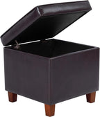 HomePop Leatherette Tufted Square Storage Ottoman with Hinged Lid, Brown Small