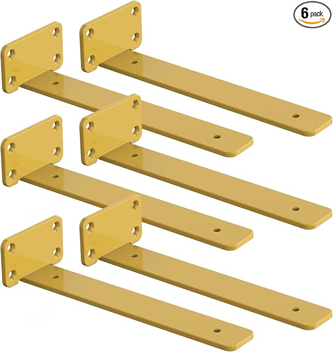 6 PCS Gold Steel Heavy Duty Brackets Without Lip, 8 Inch Supports DIY for Shelves Bracket with 5mm Thick, Industrial Modern Floating Shelf Support for Wall Mount Shelves