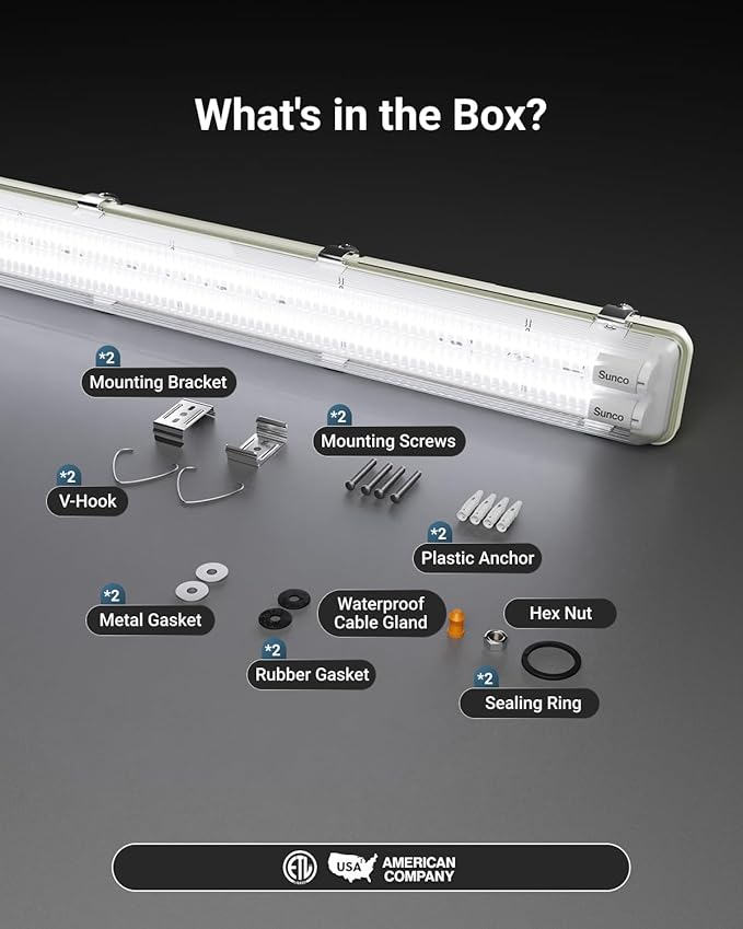 Sunco LED Ready Fixture for Garage Ceiling, 4ft Shop Lights Holds 2 LED Tube Lights, Non-Dimmable, Surface Mount, Works with Type B and Hybrid Tubes, 120-277V, Wet Rated ETL 12 Pack