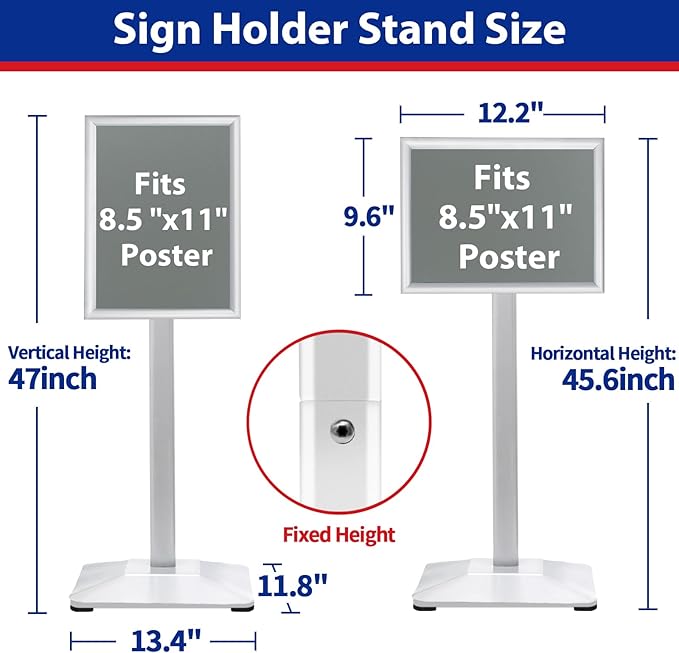 Pedestal Sign holder Stand 8.5x11inch Adjustable Standing Floor Sign Stand with Heavy Base & Snap Frame Display Stand for Indoor Outdoor Business Store Sign Holder Poster Stand (Silver)