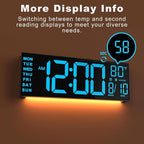 JALL 13" Large Digital Wall Mount Clock, Count Down Timer, Alarm, Big LED, DST, Temperature for Living Room Classroom Desk, Xmas, Birthday Gift for Senior Mom Dad, Blue