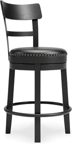 Signature Design by Ashley Valebeck Tall Upholstered Swivel Bar Stool with 360-Degree Swivel and Nailhead Trim, Faux Leather, 30" Seat Height, Black Finish