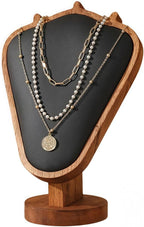 Walnut Color Body Wood Necklace Display Stand with Black Leather Soft Mat Necklace Holder Organizer Desktop Stand for Home Store Dresser-3.3"x5.8"x8.4"