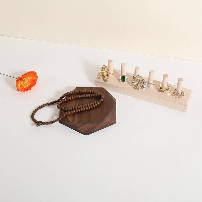 GemeShou single Walnut Jewelry display Tray for selling, Wooden hexagon display riser for jewelry, Jewelry retail shop display stand, photography props【Walnut Hexagon single Large】