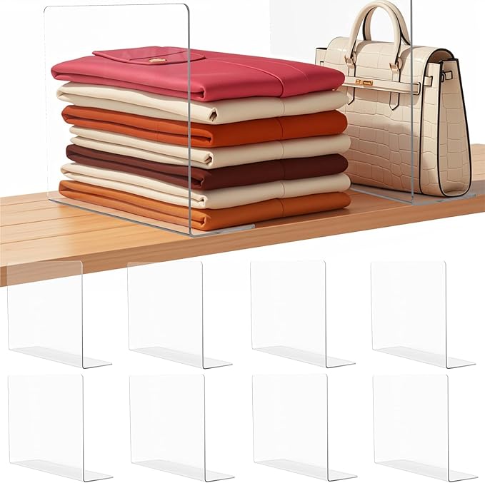 Shelf Dividers for Closet Organization: 12" Tall x 12" Deep Acrylic Shelf Dividers for Clothes Sweater Purse - Clear Closet Organizers and Storage Separators for Shelves, 8Pack
