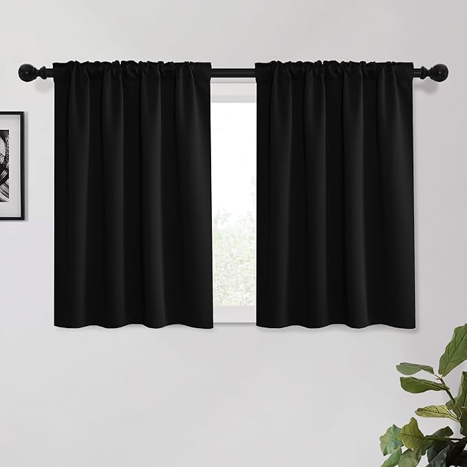 KGORGE Small Window Curtains Blackout, Privacy Thermal Insulating Energy Saving Noise-Reducing Room Darkening Cabinet Tier Curtains for Bedroom Kitchen Office, W34 x L45 inches, Black, 2 Panels