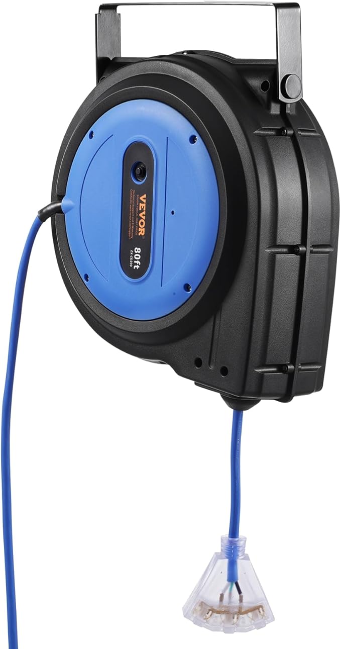 VEVOR 80FT Retractable Extension Cord Reel, 12AWG/3C SJTOW Heavy Duty Power Cord w/Lighted Electrical Triple Tap Outlets, 15A Circuit Breaker,180° Swivel Bracket for Workshop or Garage, Blue