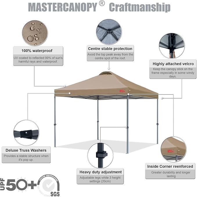 MASTERCANOPY Durable Pop-up Canopy Tent with Roller Bag (12x12, Khaki)