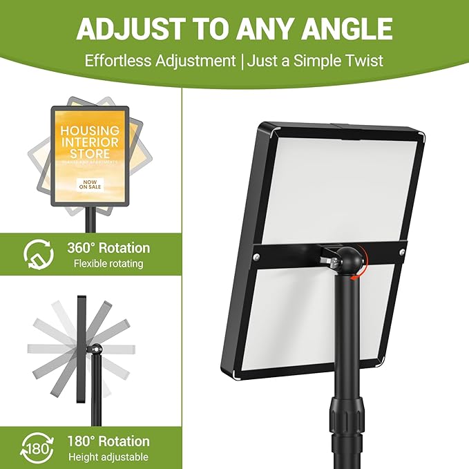 Sign Holder Stand Adjustable Sign Stand 8.5 x 11 Inches Floor Standing Sign Holder Snap-Open Frame 360° Rotating signage stand for Restaurant, Business, Shopping Mall