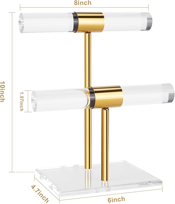 Necklace Holder Bracelet Holder, 2-Tier Acrylic Jewelry Display Stand Gold Jewelry Tower Stand Crystal T Bar Jewelry Organizer Gift for Women(2-Tier 1pc)