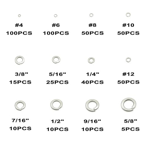 #4 to 5/8 Stainless Steel Split Lock Washers Assortment Kit,for #4#6#8#10#12 1/4" 5/16" 3/8" 7/16" 1/2" 9/16" 5/8" Screws/Bolts