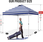 CROWN SHADES 10x10 Pop Up Canopy - Beach Tent with One Push Setup - Outdoor Sun Shade for Events, Parties, Camping - STO-N-Go Cover Bag, Silver Coated Top, 3 Height& 4 Sand Bags, Navy Blue Stripes