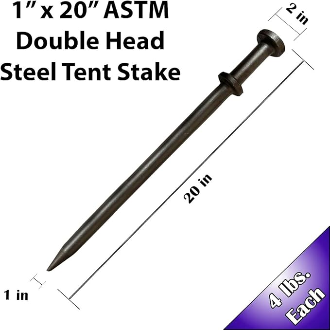 TentAndTable Double Head Metal Tent Stakes Heavy Duty Steel Ground Stake, Versatile Spikes to Anchor Commercial Inflatables, Event Party Tents, and Outdoor Camping Shelters, 1 x 20 Inch, 50 Pack