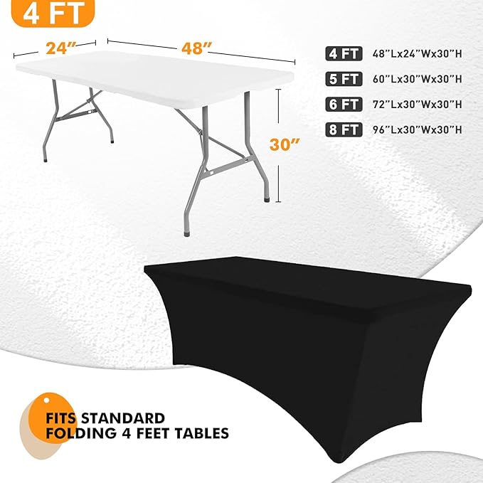 Spandex Table Cover 1 Pack 4FT Black Fitted Tablecloths,Washable Wrinkle Resistant Stretch Table Cloth Rectangle for Vendor Booth Display Items,Party Supplies for Adults,Wedding Decorations,Banquet
