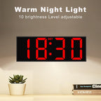 JALL 12'' Large Digital Wall Clock, Big LED Number Dispaly, RGB Colors, DST, Night Light for Classroom Living Room Bedroom Mounted Birthday Xmas Gift for Senior, Black Shell, Red Font