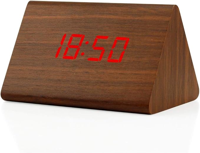 OCT17 Wooden Wood Clock, New Version LED Alarm Digital Desk Clock Adjustable Brightness, Alarm Time, Displays Time Date Temperature - Brown