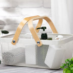 IBWell Square Metal Wire Woven Fruit Storage Bowl Basket with Wooden Handle, Large Black Mesh Fruit Stand, Multi-function Hanging Kitchen Baskets (White, Extended)