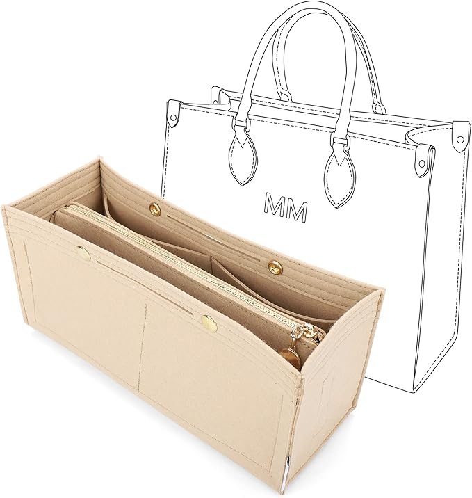 LEXSION Felt Purse Organizer Insert,Handbag Organizer with Detachalbe Zipper Pocket for ONTHEGO MM,3 Size 8034 Beige Medium