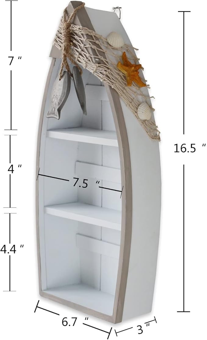 Morning View 2-Shelf Wood Boat Shelf, Nautical Decor with Fishing Net, Starfish, Seashells - Wall Mount or Tabletop Display - Beach Themed Home Decor, White, 6.7x3x16.5 Inch
