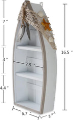 Morning View 2-Shelf Wood Boat Shelf, Nautical Decor with Fishing Net, Starfish, Seashells - Wall Mount or Tabletop Display - Beach Themed Home Decor, White, 6.7x3x16.5 Inch