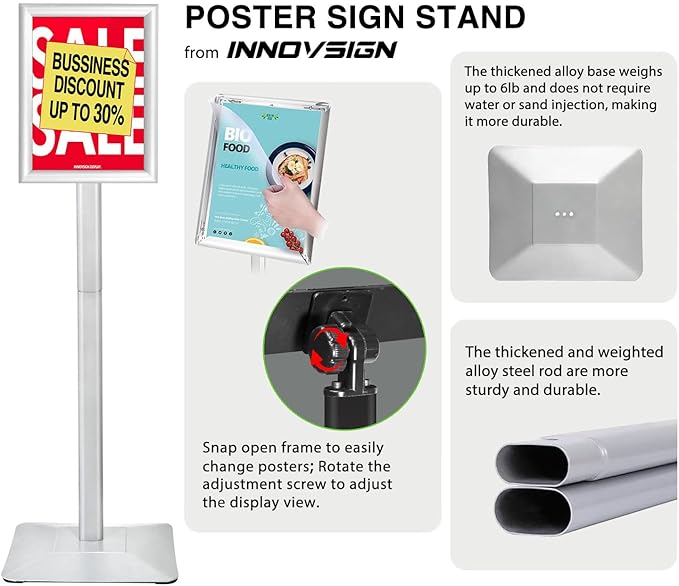 Heavy Duty Adjustable Pedestal Poster Sign Stand, 11x17 Aluminum Open Floor Standing Sign Holder for Vertical and Horizontal View Display, Silver