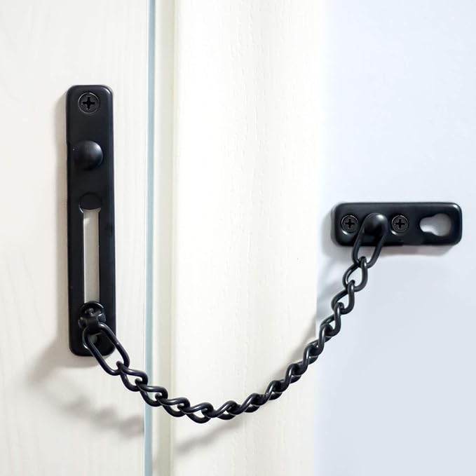 2 Pack Door Chain Lock, KINJOEK Stainless Steel Security Chain Guard with Spring Anti Theft Press Lock, Heavy Duty Polished Door Latch with Screws, Black