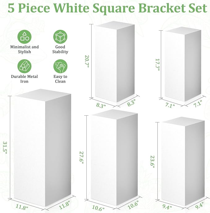 5Pcs Square Pedestal Stands for Party, Metal Display Plinth Pillars for Wedding Ceremony Birthday Party Art Decor---31.5*11.8''(L),27.6*10.6''(M),23.6*9.4''(S), 20.7*8.3"(XS), 17.7*7.1"(XXS)