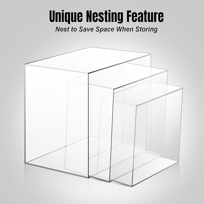 Clisela 3pcs Acrylic Cube Display Stands Box Risers with Hollow Bottoms, Food Risers for Buffet Table, Decorative Display Stand Shelf for Dessert Collectibles Jewelry Figures Show - Clear 6" 7" 8"
