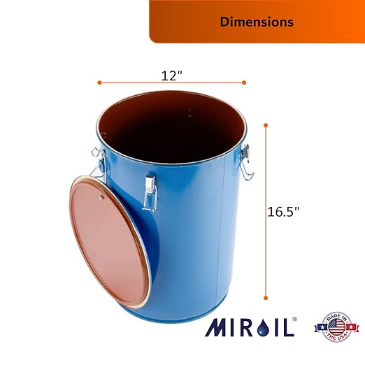 MirOil 6 Gallon Blue Oil Grease Bucket & Filter Pot – Steel Fryer Container w/Lid Lock & Clip, Food Grade Interior Coating - Hot Grease Collection Pot for Disposal Under Drain Valves – Model #30L