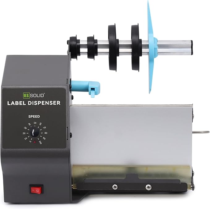 U.S. Solid Automatic Label Dispenser for Long Rolls and Fanfold Labels - Translucent and Opaque - Adjustable Speed - Core Sizes 1", 1.5", 3" - Width 0.2-7 in - Max. Roll 11 in